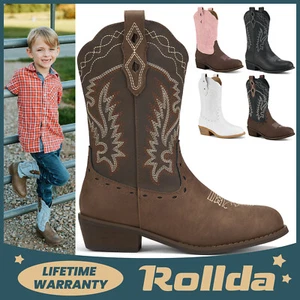 Rollda Kids Cowboy Boots Boys Girls Round Toe Ranch Rodeo Western Cowgirl Boots - Picture 1 of 58