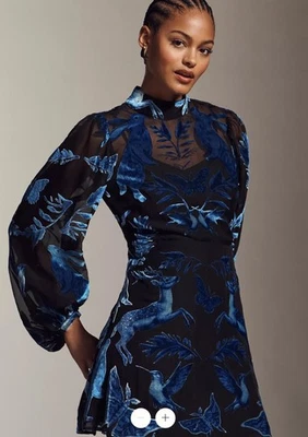 Anthropologie бархата выгорания шеи длинным рукавом мини-платье XL синий черный новый с Ярлыками  - Изображение 1 из 4