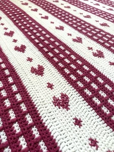 Vtg Granny Square Afghan Heart Blanket Handmade Crochet 48x54 Pink Cross Stitch - Picture 1 of 9