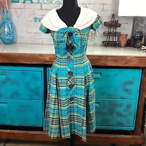 1950's Vintage Check Plaid Print Midi Tea Dress With Statement Bow Size XS - Picture 1 of 11