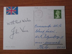 Vane, John. Cartolina con postilla e firma autografe, 1987