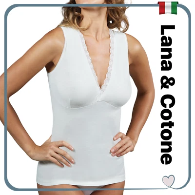 Canottiera intima da donna con reggiseno spalla larga in pizzo lana e cotone   - Immagine 1 di 3