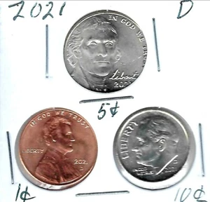 2021 Drei Denver brillante unzirkulierte Cent-, Nickel- & Dime-Münzen! - Bild 1 von 2
