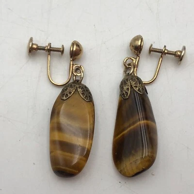 Vintage Tiger Eye Screw Back Dangle Earrings Brown Amber Color Gold Tone - Image 1 of 4