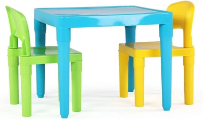 , Juego de mesa y 2 sillas de plástico ligero verde/amarillo para niños, Squ Foto 1 de 3