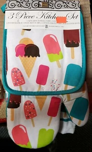 3pc PRINTED KITCHEN SET: 1 POT HOLDER, 1 TOWEL & 1 OVEN MITT, ICE CREAM CONES,BH - Picture 1 of 12