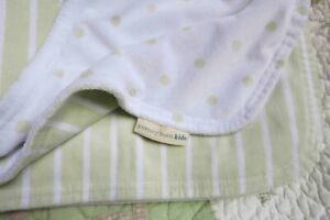 Pottery Barn Kids Green & White Polka Dots Sripes Soft Plush Baby Blanket EUC