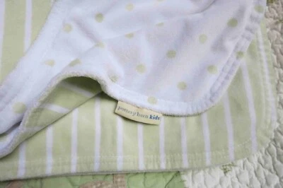 Pottery Barn Kids Green & White Polka Dots Sripes Soft Plush Baby Blanket EUC - Изображение 1 из 3