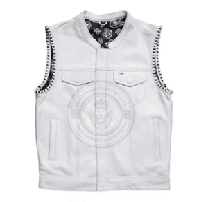 Premium Leather Motorcycle Custom White Color Leather Biker Vest Rider Waistcoat - Picture 1 of 3