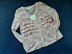 Ladies Dusky Pink Frilly Textured Floral Lurex Thread Top Blouse M UK12 New - Picture 1 of 12