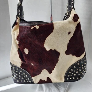 AMERICAN WEST Shoulder Bag Cow Hide Hair Studs Accent Multiple Pockets Vtg NWT - Picture 1 of 23