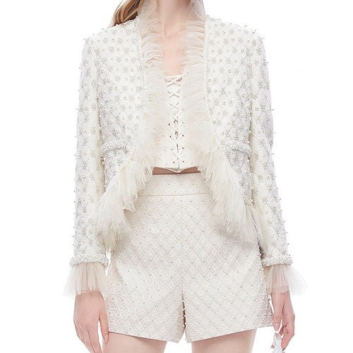 OFF WHITE Cappotto tweed lana lusso donna perla manica lunga cappotto palazzo cappotti floreali grossolani