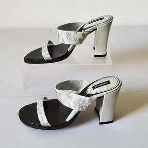 Charles David Womens 6.5 Heeled Slide Sandals Silver Satin Brocade Wedding Retro - Picture 1 of 22