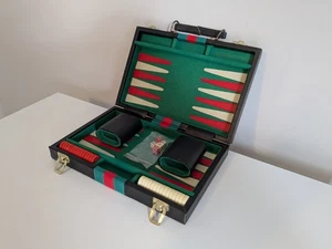 Vintage Backgammon Set Carry Case Black Complete Soft Faux Leather - Picture 1 of 11