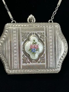 Antique 1920s Sterling Silver Plated Guilloche Enamel Compact FMC Floral Motif - Picture 1 of 15