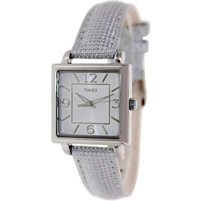 Nuovo Timex Color Argento,Metallico Argento Tela & Pelle Fascia,Quadrato - Immagine 1 di 4
