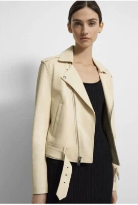 NUEVO CON ETIQUETAS $995 Theory Casual Moto Chaqueta Moto Cuero Cordero Flexible Talla S en Pergamino Foto 1 de 4