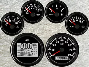Set 6 manometri con trasmettitori 85mm GPS speedo tachimetro carburante temperatura volt pressione olio nero - Foto 1 di 10