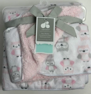 HTF Neu mit Etikett Just Born rosa grau weiß Eulendruck Velours Sherpa Plüschtier Babydecke - Bild 1 von 5