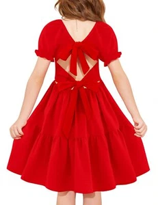 Girls Red Dress Summer Puff Sleeve Tie Back Sqaure Neck Beach Wedding Casual ... - Picture 1 of 7