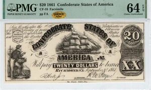 CT-18 107A 1861 $20 Contemporary Counterfeit CSA Paper Money PMG CU 64 EPQ Upham - Picture 1 of 2