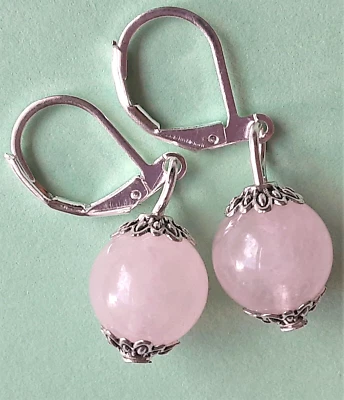 ROSA CUARZO Pendiente redondo simple caída SP PALANCA TRASERO HECHO A MANO WPQ18 Foto 1 de 4