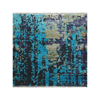 2’ x 2’ Hand Knotted Wool & Silk Modern Square Tibetan Area rug 2x2 Turquoise - Image 1 of 4
