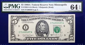 1988A $5 Federal Reserve Note Fr-1980-I Minneapolis PMG64 Choice EPQ - Picture 1 of 2