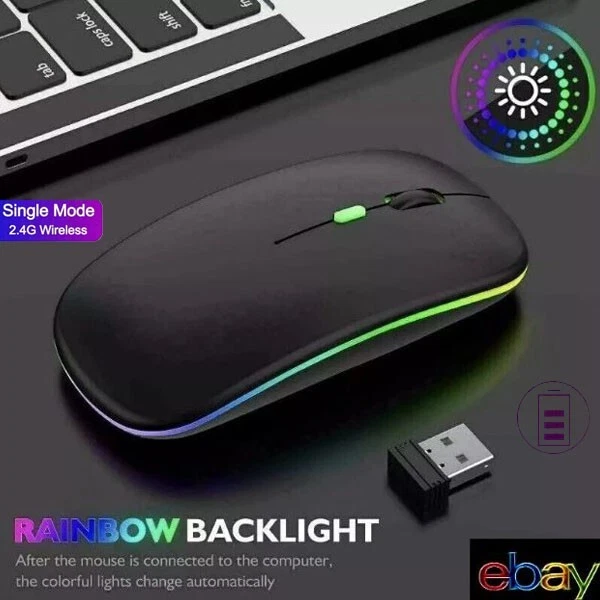 Wireless USB Rechargeable RGB LED Optical Mouse Mice For Computer PC Laptop - Image 1 of 4