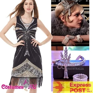 Ladies Deluxe Black 20s Roaring 1920s Flapper Costume Sequin Pearls Fancy Dress - Picture 1 of 14