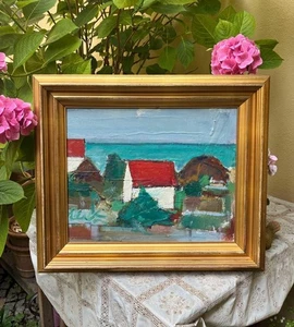 Red Roofs by the Sea. 1950s Fine Danish modernism. Oil on panel. Signed. - Picture 1 of 5