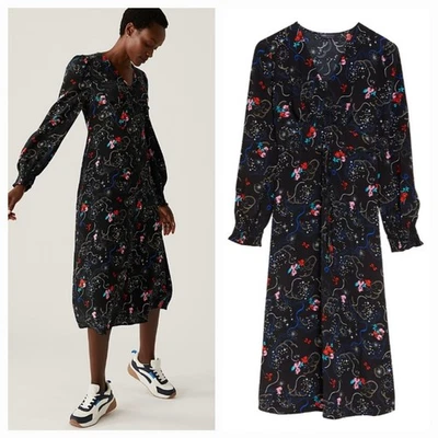 New MARKS AND SPENCER M&S Size 14 Black Print Balloon Sleeve Empire Dress.NWOT - Image 1 of 4