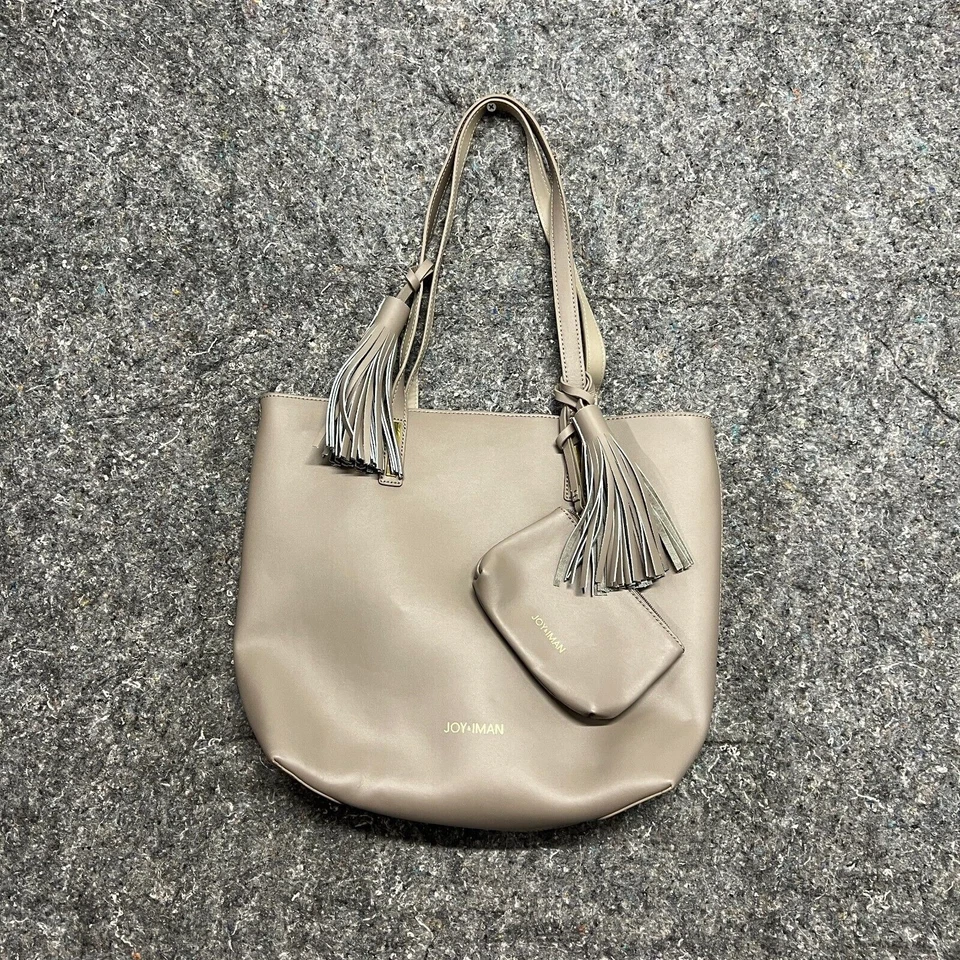 JOY & IMAN Tassel Real Leather Handbag Tote with Fabric Insert, Gray - Image 1 of 4