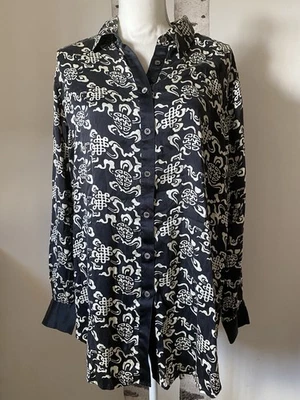 МЯГКОЕ окружение 100% шелк туника на пуговицах блузка размер XLarge черный цветочный - Изображение 1 из 4