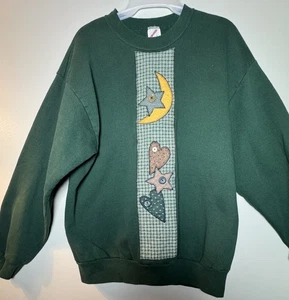 Vtg Jerzees Sweatshirt Heart/Moon embroidery Green Lg Made In USA Grandma Button - Picture 1 of 13