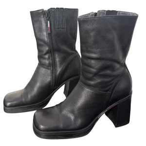 Vintage Tommy Hilfiger Lederstiefel Damen 8,5 schwarz eckige Zehenpartie klobiger Absatz y2k 90er - Bild 1 von 17