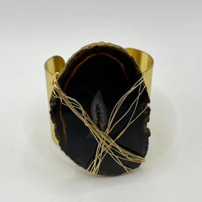 Black Wire Wrap Agate Slice Cuff Bracelet Gold Tone Chunky Open Geode Statement - Image 1 of 4