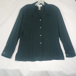 Evan Picone Silk Top Womens 10 Dark Green Button Front Pleated Capsule Office - Picture 1 of 12