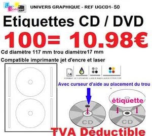 100 Etiquettes pour CD DVD autocollante pour imprimante jet d'encre ET laser - Imagen 1 de 3