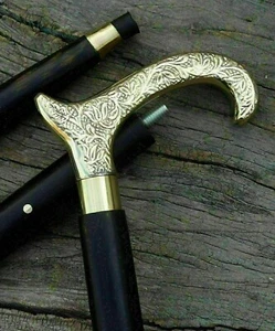 Walking Cane with Brass Handle, Decorative Floral Pattern, Black Wood Stick, - Picture 1 of 5