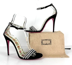 $1,250 Gucci Auténtico 9 EE. UU. 39 UE Negro Gamuza Tacones Sandalias Zapatos Cristales Pasarela Bolso - Imagen 1 de 11