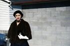 35mm Slide 1950s Kodachrome Red Border Pretty Woman in Fur Coat in Driveway