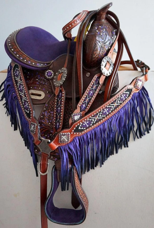 Show Barrel Saddle 13" Purple seat Dark Tan Tone Bedazzled Option Pony/Full HSBP - Image 1 of 1