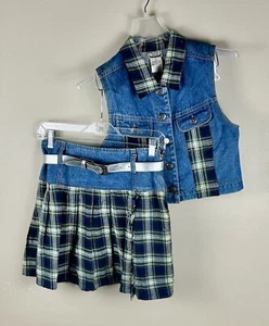 Vintage Rachel’s Kids Girls Vest And Skirt Set Denim & Plaid Size 14 90’s - Picture 1 of 15