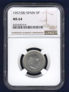 SPAIN 1957 (58) 5 PESETAS COIN, CHOICE UNCIRCULATED, NGC CERTIFIED MS-64 - Picture 1 of 2