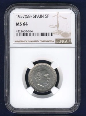 SPAIN 1957 (58) 5 PESETAS COIN, CHOICE UNCIRCULATED, NGC CERTIFIED MS-64 - Image 1 of 2