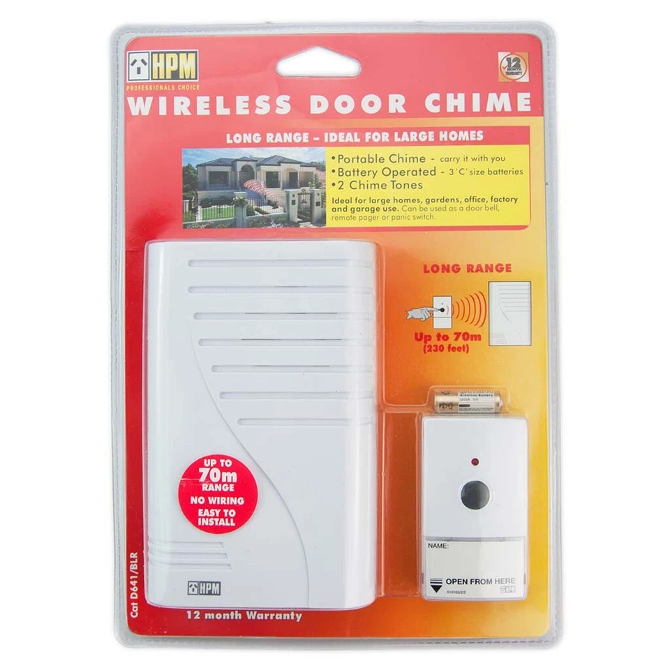 HPM Battery Operated Wireless Door Chime up to 70 Metres Range D641