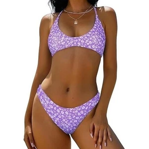 NEW Zaful Floral Bikini Strappy Tie Back Cheeky Swimsuit Lavender Purple Scoop S - Picture 1 of 9