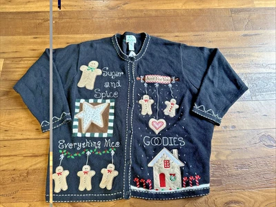The Quacker Factory Black Sweater Gingerbread Christmas Sugar Spice 3X New - Image 1 of 4