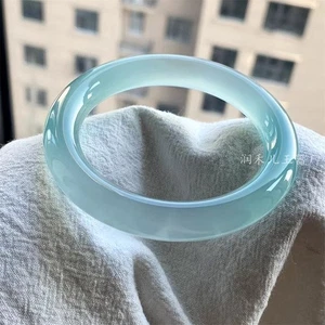 Pulsera Tira Redonda Fina Ágata Azul Claro Jadeíta Azul Cielo Color Hielo - Imagen 1 de 9